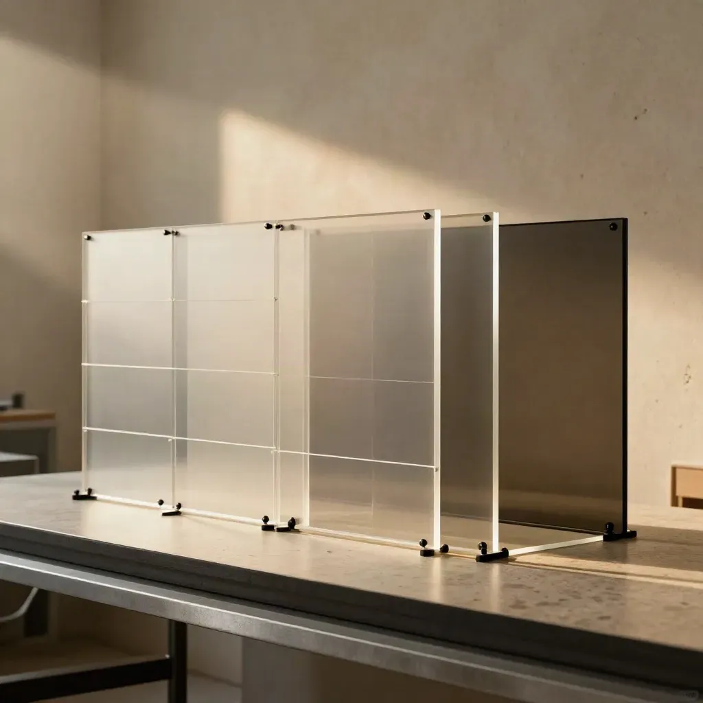 Modulare Acryl-Webdesign-Installation mit Rasterelementen in dunklem Raumlicht.