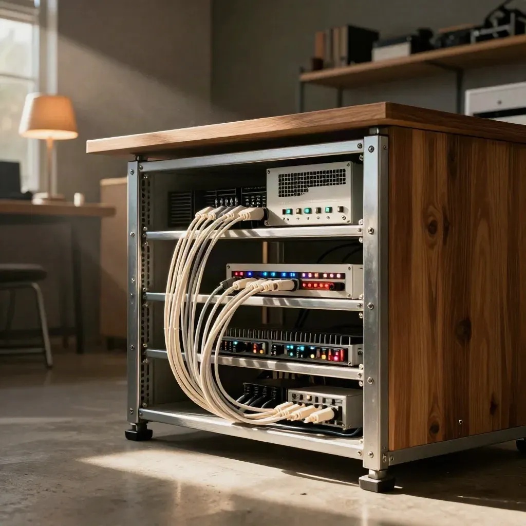 Technisches Serverrack mit Patchkabeln und LEDs in warmem, lichtdurchflutetem Raum.