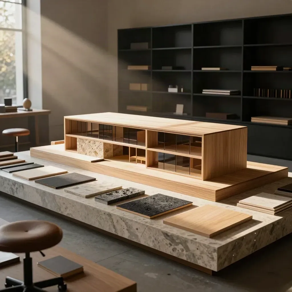 Architekturbüro mit Holzmodell, Steinmustern und ruhigem Präsentationsbereich im dramatischen Licht