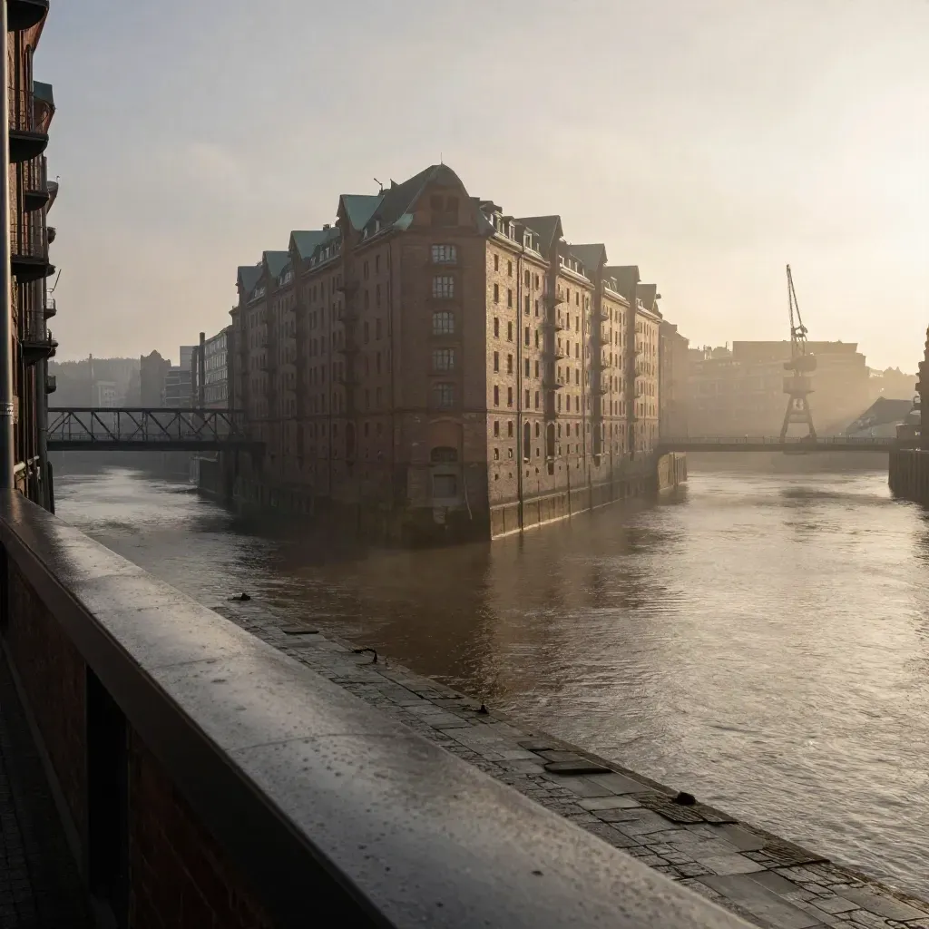 Hamburgs Speicherstadt im feuchten Morgennebel über stiller Wasserfläche und Brücken