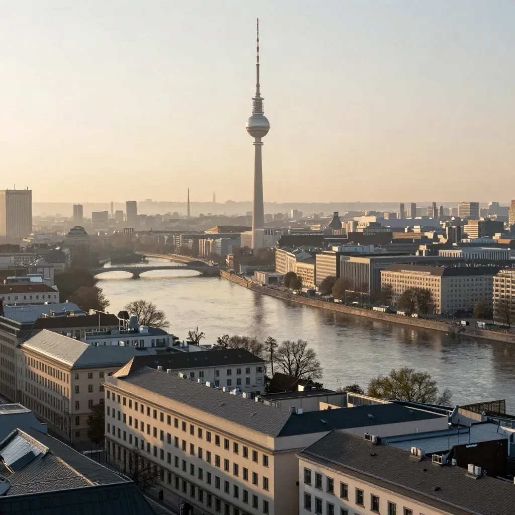 Berlin-Skyline mit Fernsehturm im Morgenlicht, Dunst über der Spree.