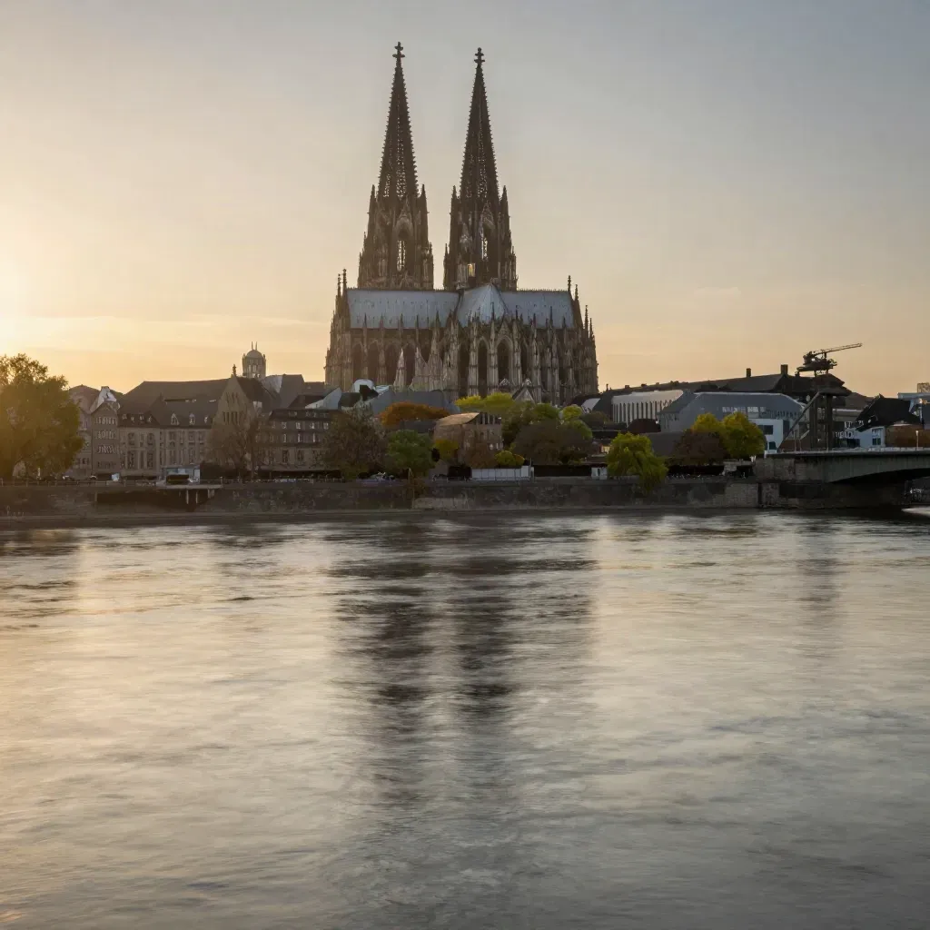 Der Kölner Dom über dem Rhein im warmen Abenddunst, mit ruhiger Uferfläche